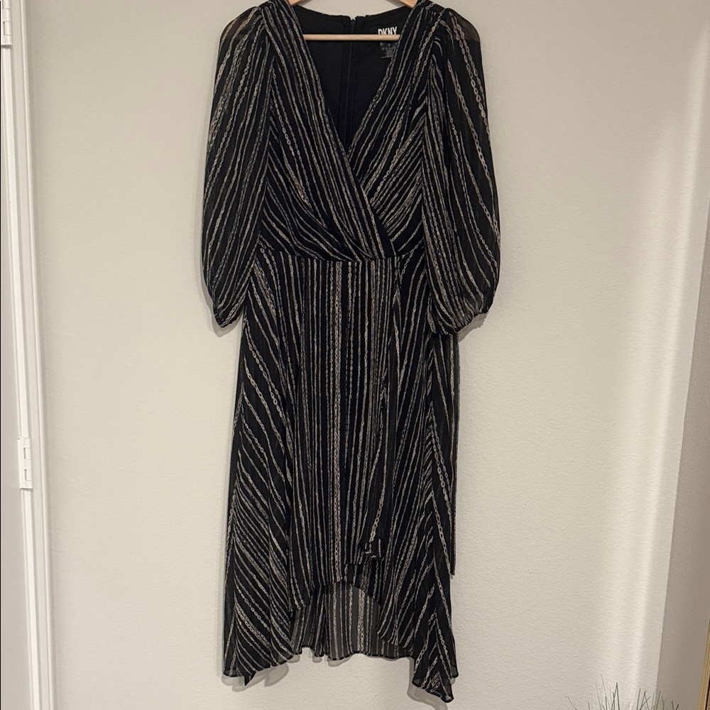 DKNY Black Dress with Silver Metallic Stripes, High-Low Hem